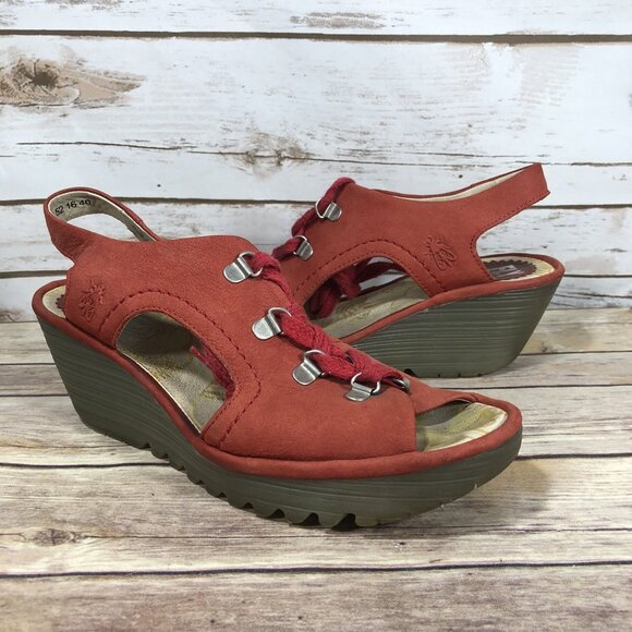Fly London Ylfa Open Toe Wedge Sandals Womens Size 40 (9) Lace Up Red Slingback - Picture 2 of 12